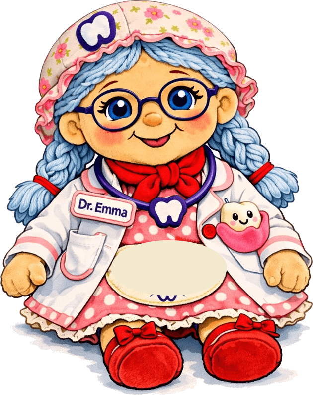 Dr. Emma, die weise Puppe mit weißem Kittel, blauen Zöpfen und lila Brille