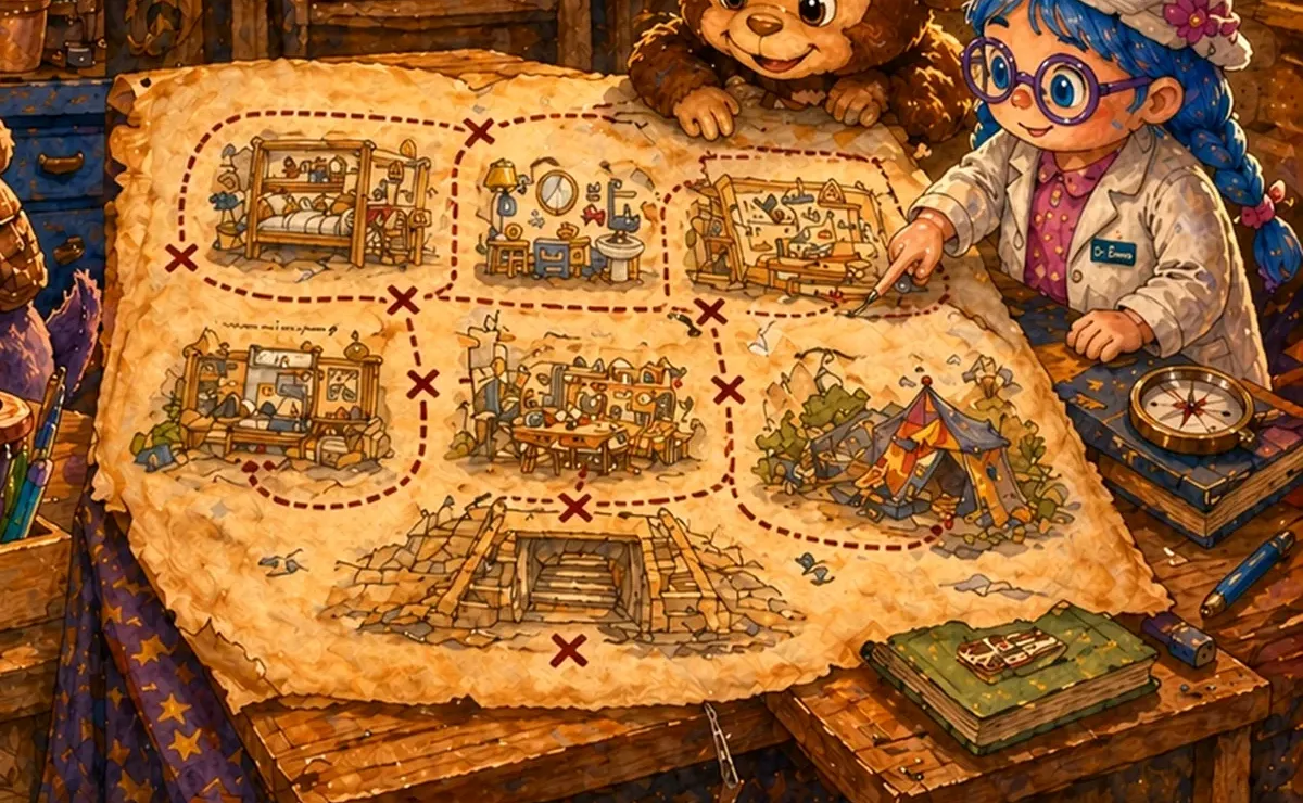 Didos gezeichnete Schatzkarte mit sieben Räumen des Hauses